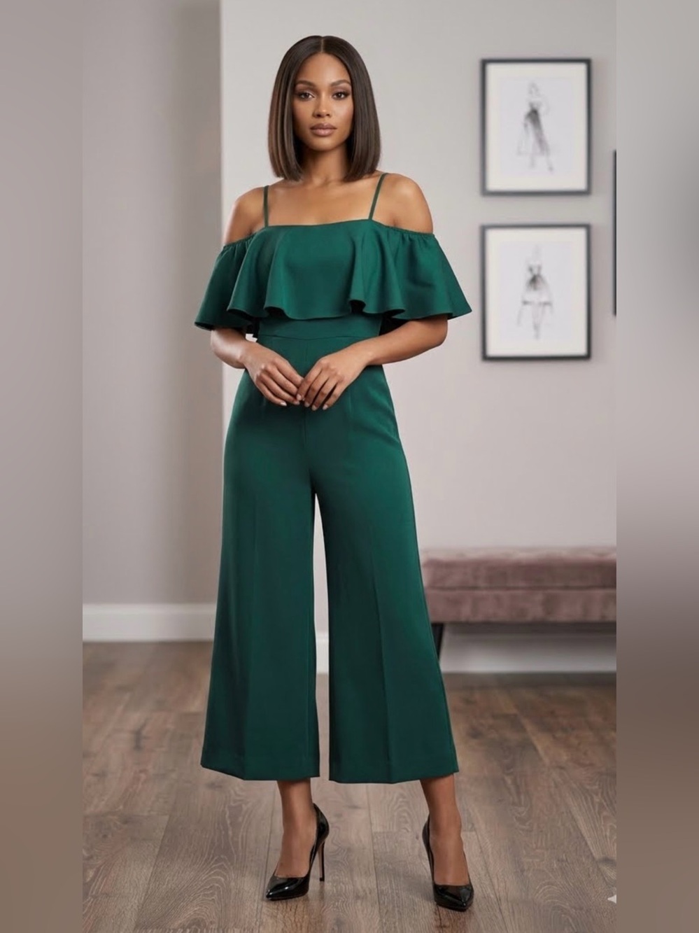 H&M Emerald Green Off-Shoulder Ruffle Wide-Leg Jumpsuit